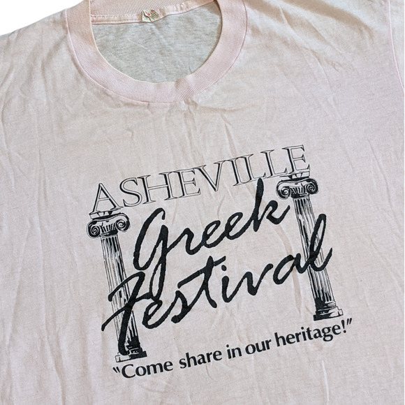 Vintage Single Stitch T Shirt Asheville Greek Festival Light Pink Worn Size L - Picture 2 of 10